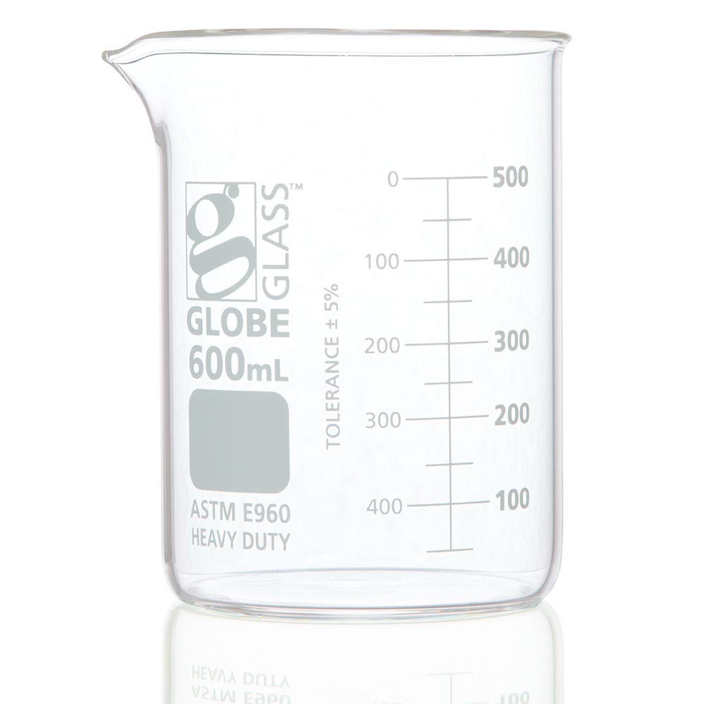 Globe Scientific Beaker, Globe Glass, 600mL, Low Form Griffin Style, Heavy Duty, Dual Graduations, ASTM E960, 6/Box Beaker;600ml heavy duty beaker;beaker glass